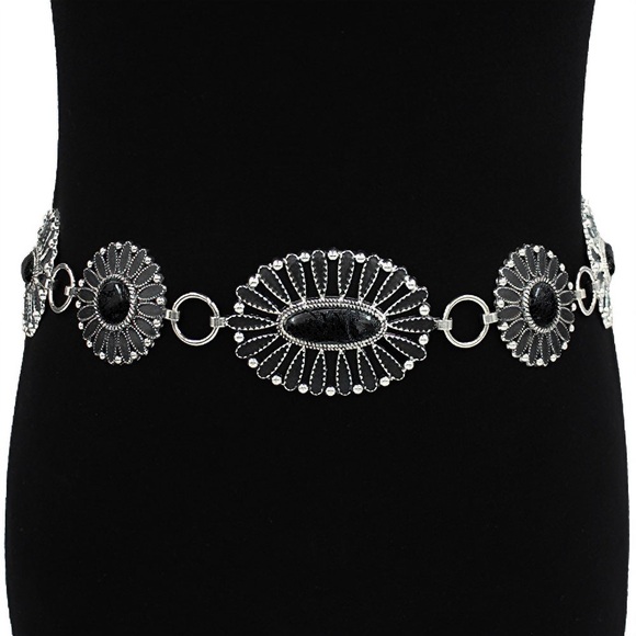 Silver Concho Chain Belt | Boho Turquoise, Western Cowgirl  Silver & Black Boho Vintage Western Stone Concho Statement Belt